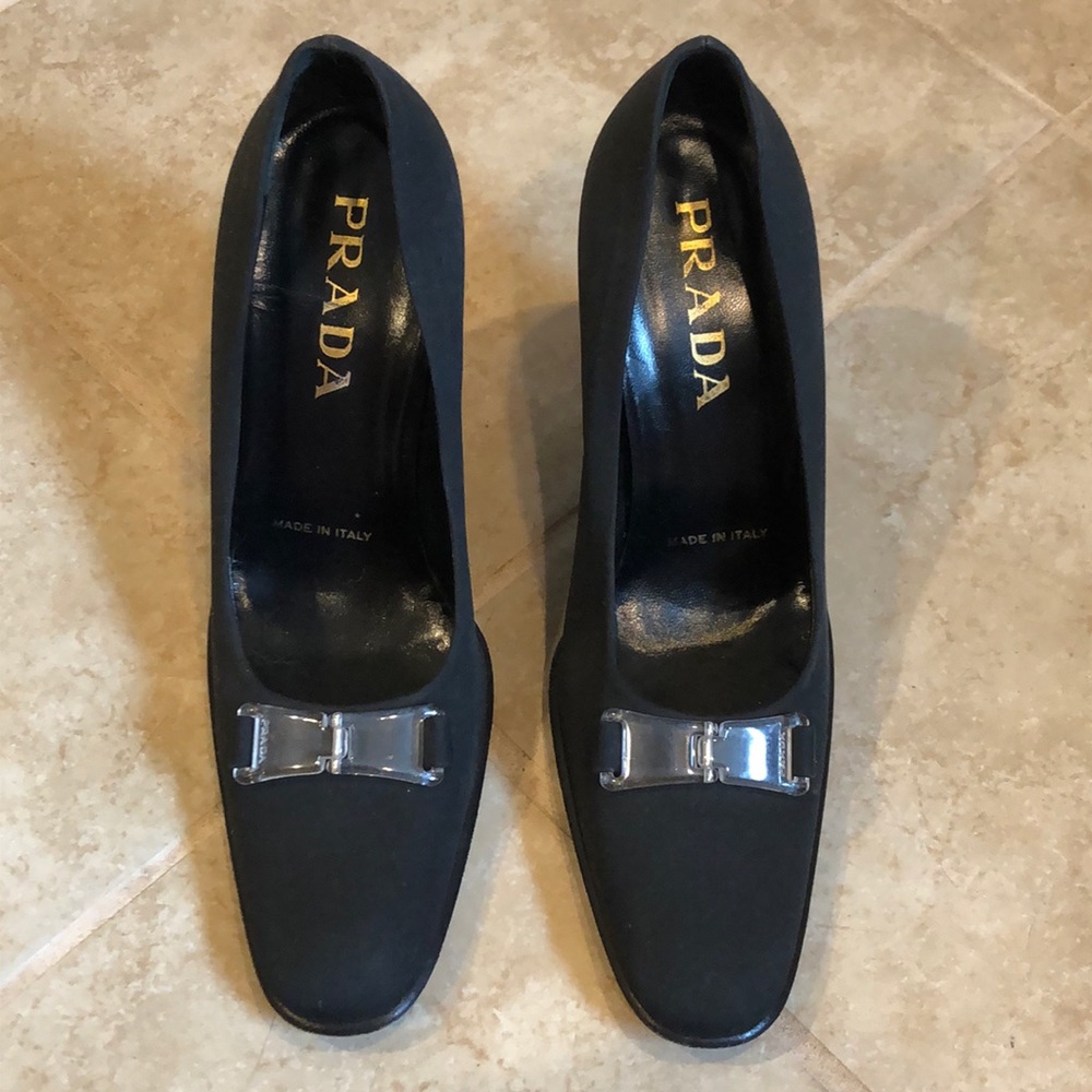 Solid Black Prada Plastic Buckle Heels Sz 37